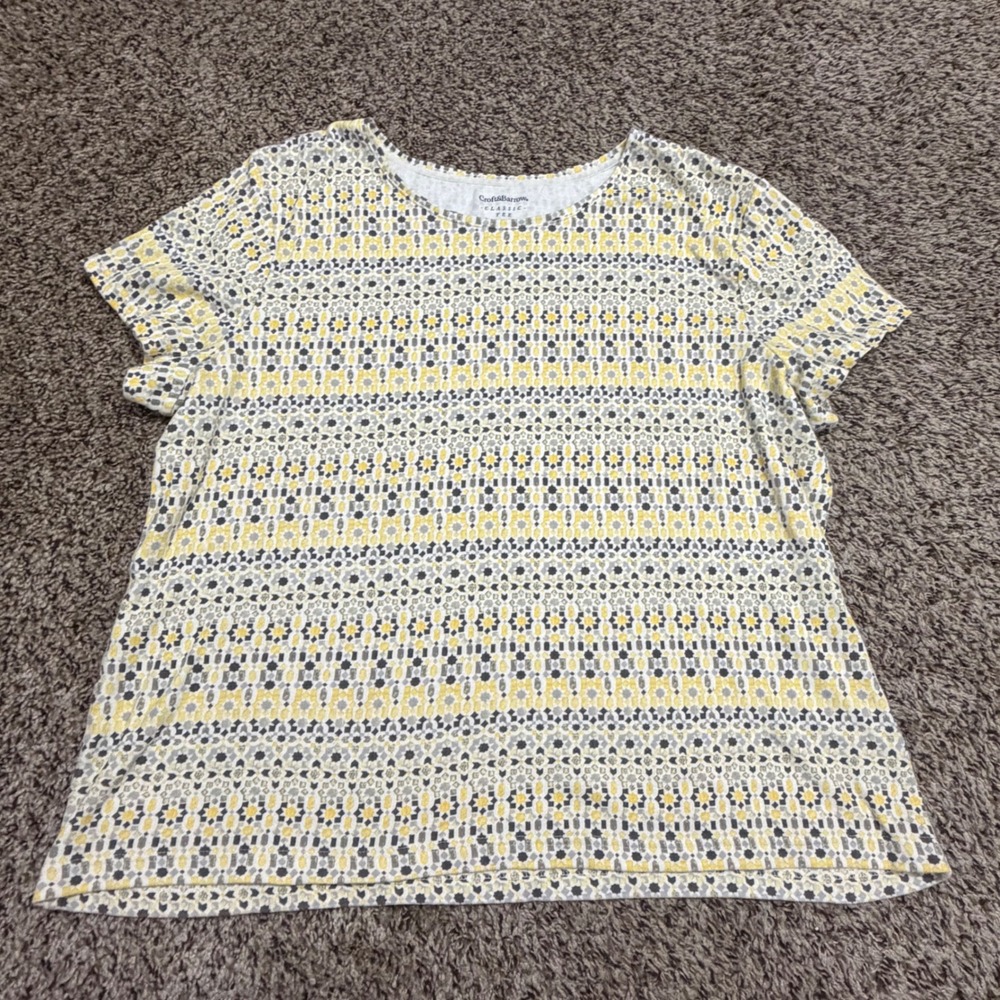 Croft & Barrow Classic Tee Womens XL Yellow Grey Geometric Medallion Cotton Top